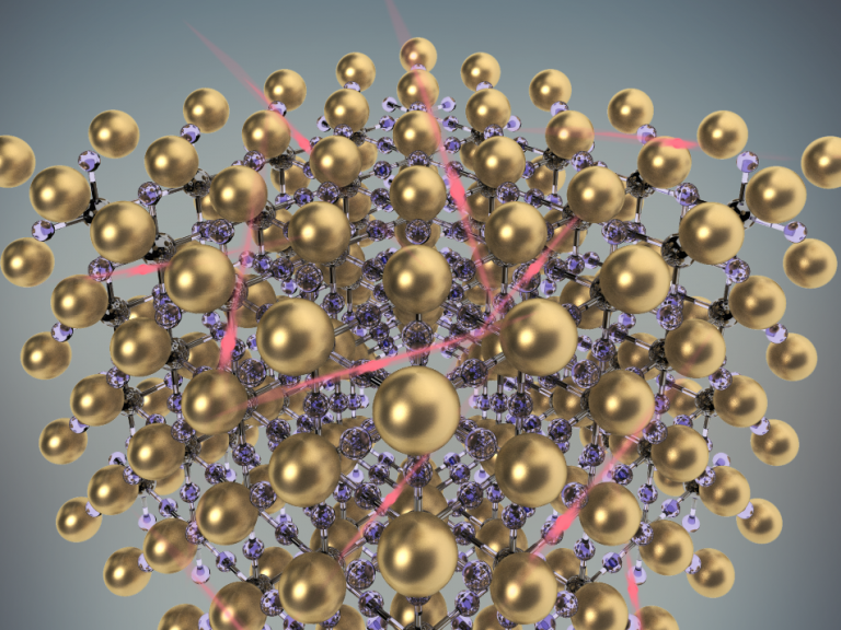 一种分子结构，中间有球和棍。这些球是金色的，其中一些球之间有粉红色的线连接