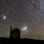 以夜空为背景的圆顶天文台。长时间曝光使恒星看起来像在旋转，有长长的模糊的尾巴